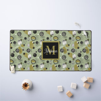 Green Boho Pattern Monogram Name Desk Mat