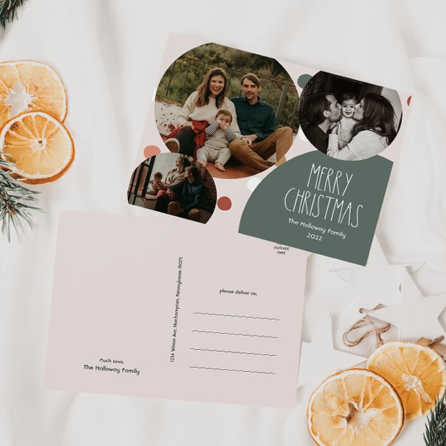 Green Boho Polka Dot Christmas Three Photo Holiday Postcard (Creator Uploaded)