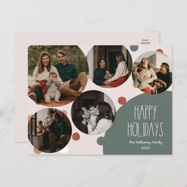 Green Boho Polka Dot Happy Holidays Five-Photo Holiday Postcard (Front/Back)