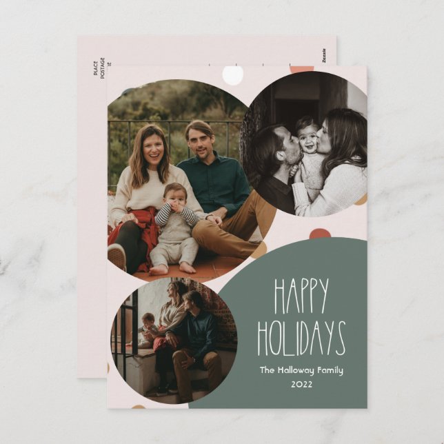Green Boho Polka Dot Vertical 3-Photo Holiday Postcard (Front/Back)