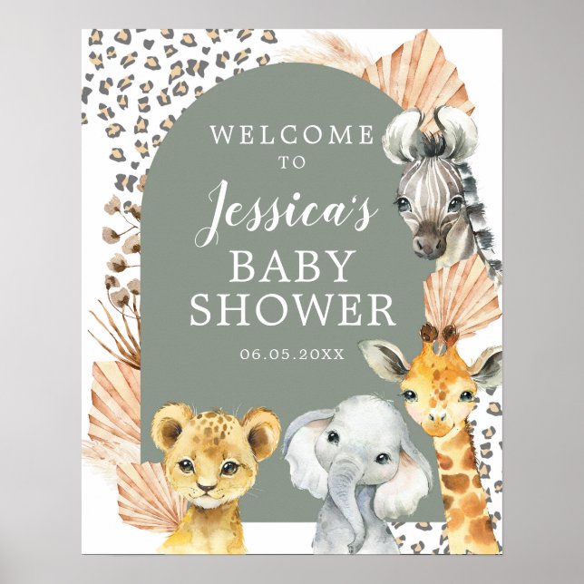 Green Boho Safari Oh Boy Baby Shower Welcome Sign (Front)