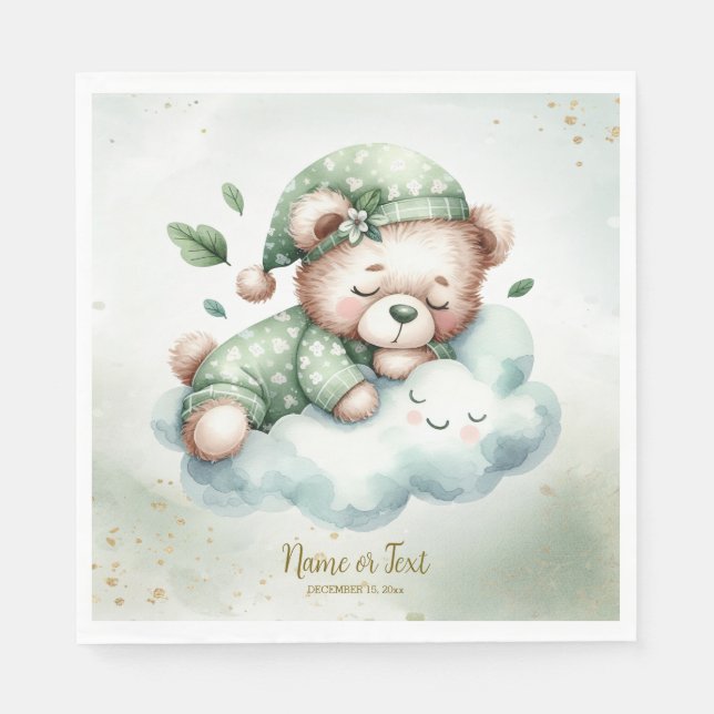 Green Boho Sleeping Teddy Bear Cute Baby Shower Napkin (Front)