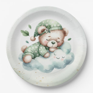 Green Boho Sleeping Teddy Bear Cute Baby Shower Paper Plate