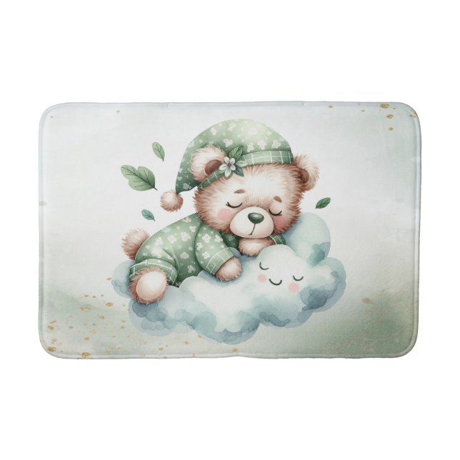 Green Boho Sleeping Teddy Bear Cute Bath Mat (Front)