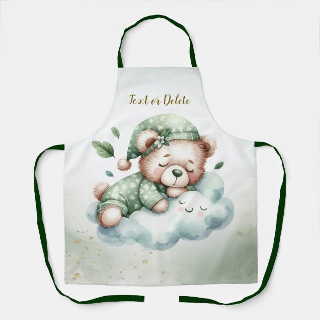 Green Boho Sleeping Teddy Bear Cute Elegant Apron (Front)