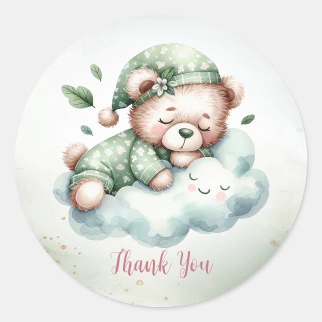 Green Boho Sleeping Teddy Bear Cute Party Classic Round Sticker (Front)