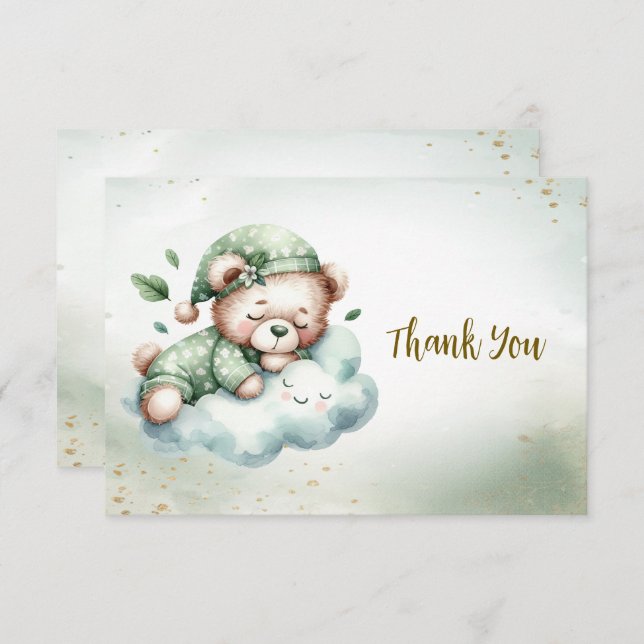 Green Boho Sleeping Teddy Bear Cute Party Thank You Card (Front/Back)
