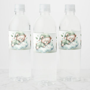 Green Boho Sleeping Teddy Bear Cute Party Water Bottle Label