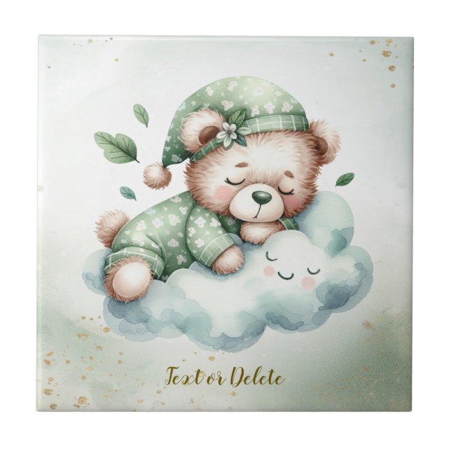 Green Boho Sleeping Teddy Bear Cute Tile (Front)