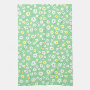 Green Boho Spring Daisies Pattern Tea Towel