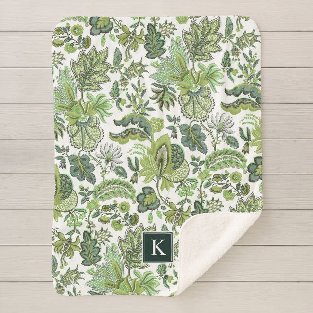 Green Boho Vintage Floral Monogram Sherpa Blanket (Creator Uploaded)