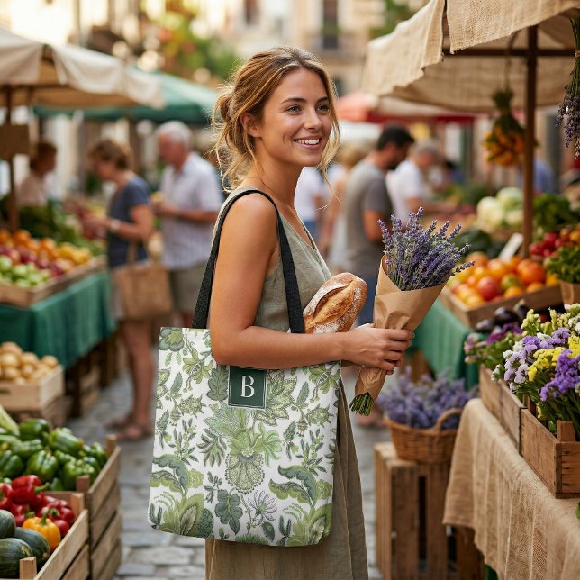 Green Boho Vintage Floral Monogram Tote Bag (Creator Uploaded)