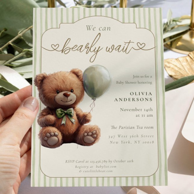 Green Boho We can Bearly Wait Neutral Baby Shower Invitation (Creator Uploaded)