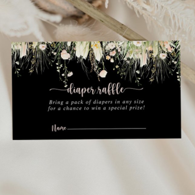 Green Boho Wildflower Black Diaper Raffle Ticket  Enclosure Card (Creator Uploaded)