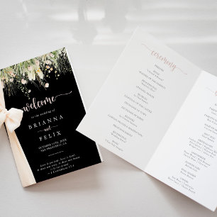 Green Boho Wildflower Black Folded Wedding Program Programme