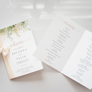 Green Boho Wildflower Folded Wedding Program Programme