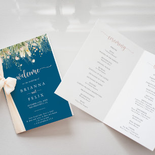 Green Boho Wildflower Navy Folded Wedding Program Programme
