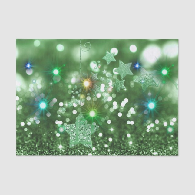 Green Bokeh Faux Glitter & Colourful Shining Stars Tissue Paper (Front)