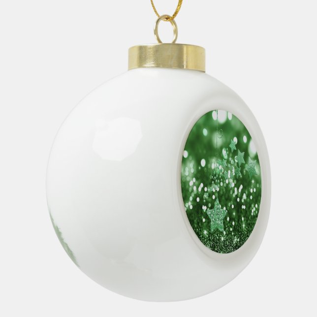 Green Bokeh Faux Glitter & Stars Ceramic Ball Christmas Ornament (Left)