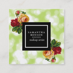Green  Bokeh Glitter Sparkles Floral Makeup Artist Square Business Card