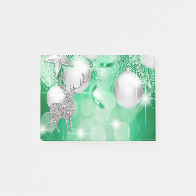 Green Bokeh Ornament Balls Silver Reindeer Joy Post-it Notes (Front)