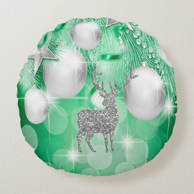 Green Bokeh Ornament Balls Silver Reindeer Round Cushion (Front)