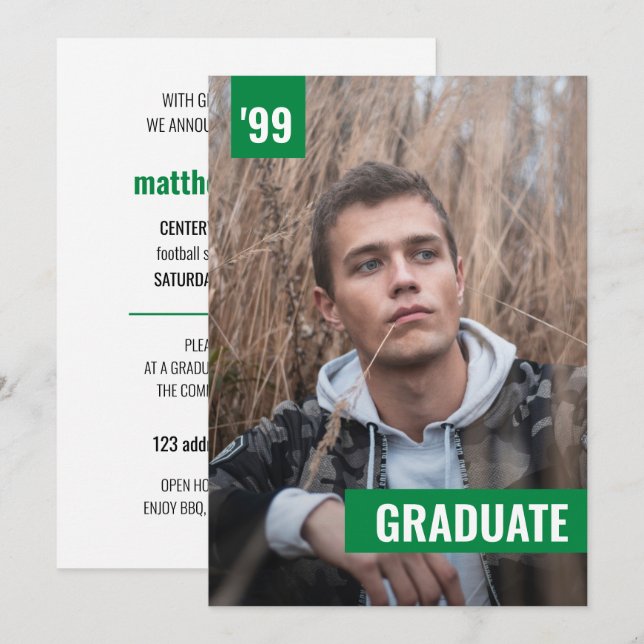 Green Bold & Modern Photo Graduation Invitation (Front/Back)