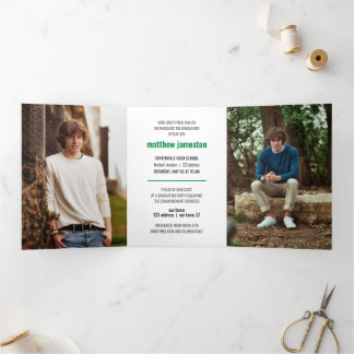Green Bold & Modern Photo Graduation Tri-Fold Invitation