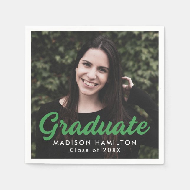 Green | Bold Script Photo Graduation Napkin (Front)