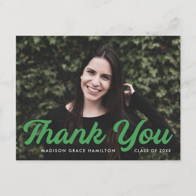 Green | Bold Script Photo Graduation Thank You Postcard (Front)