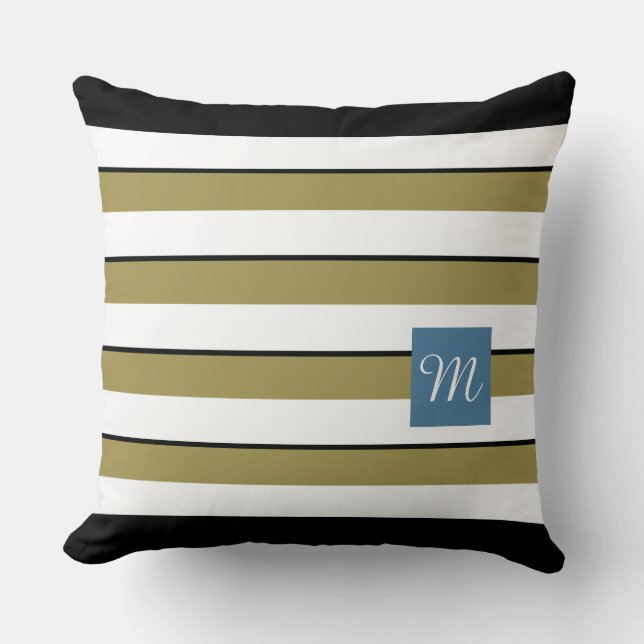 Green Bold Stripes Monogram Throw Pillow (Front)