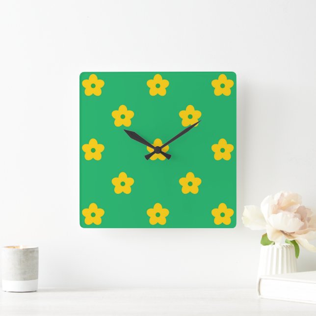 Green Bold Y2K Wildflower Vibrant Home Decor Square Wall Clock (Home)