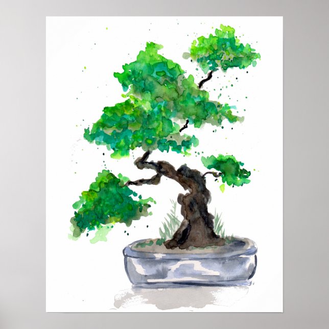 Green Bonsai Watercolor Poster Print (Front)