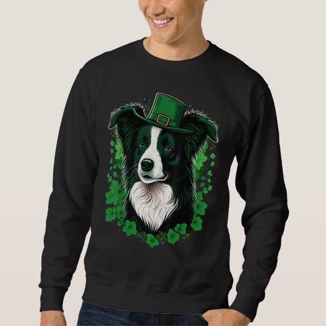 Green Border Collie shamrock St Patricks Day Borde Sweatshirt (Front)