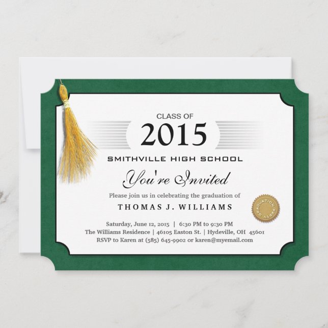 Green Border Diploma with Tassel Graduation Invite (Front)