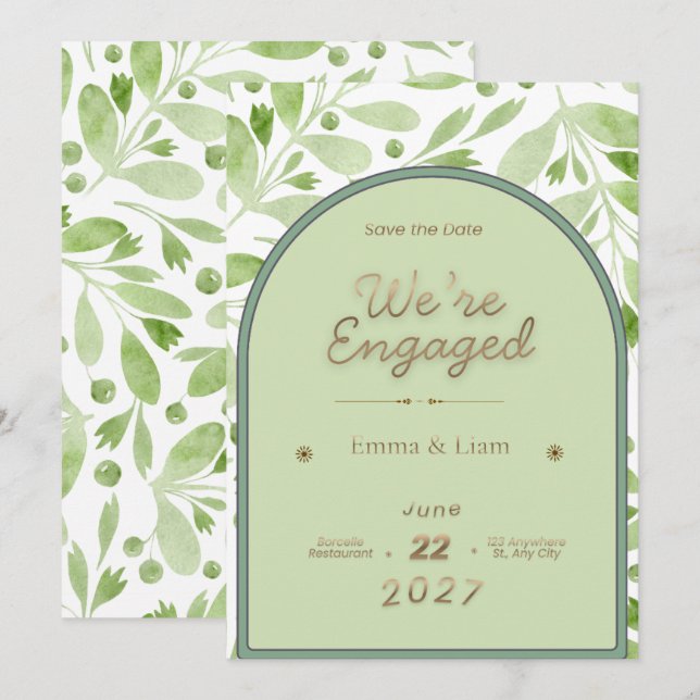 Green Botanical Arch Engagement Invitation – Elega (Front/Back)