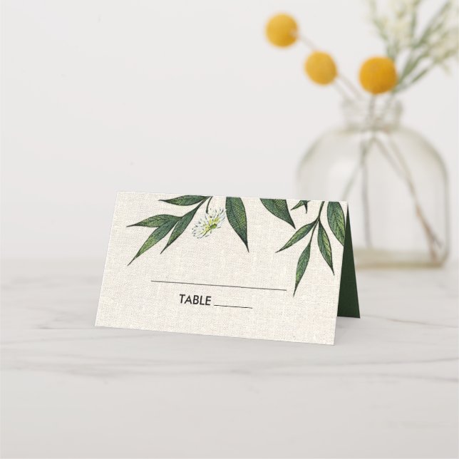Green Botanical Burlap Wedding Table Place Cards (Front)