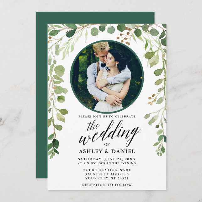 Green Botanical Calligraphy Photo Wedding Invitation (Front/Back)