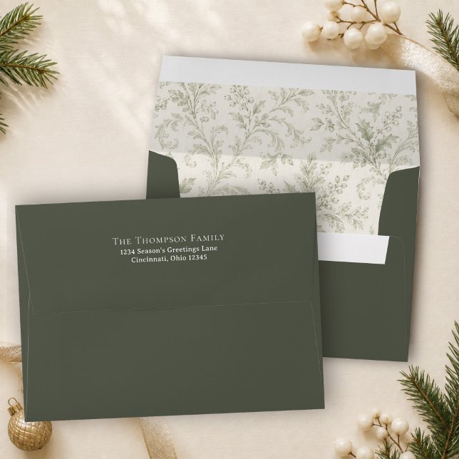 Green Botanical Christmas Return Address  Envelope (Elegant green Christmas envelope with a vintage botanical liner and custom return address.)