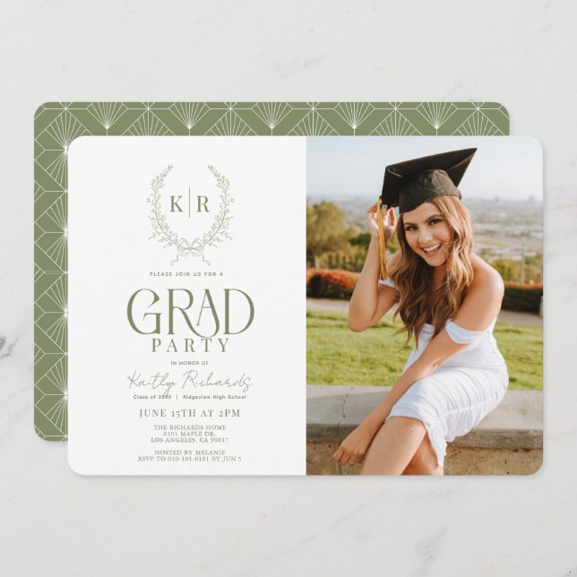 Green Botanical Crest Monogram Graduation Photo Invitation (Front/Back)