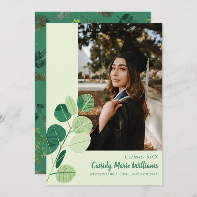 Green Botanical Elegant Graduation Announcement (Front/Back)