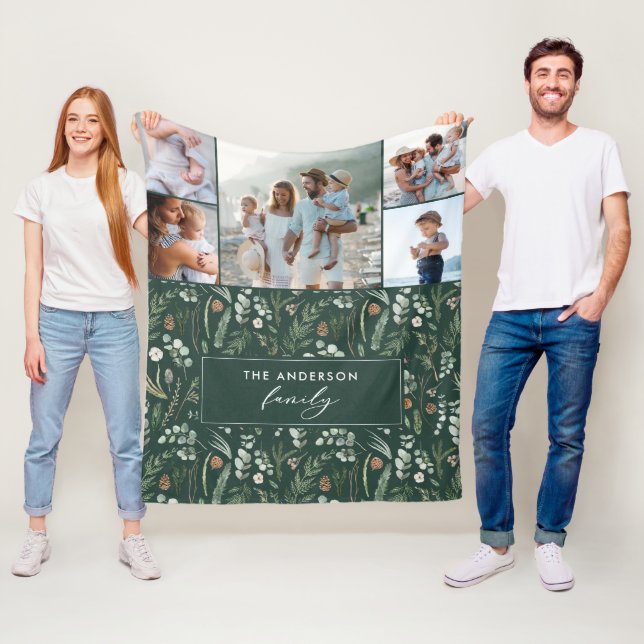 Green botanical elegant modern family 5 photo fleece blanket (In Situ)