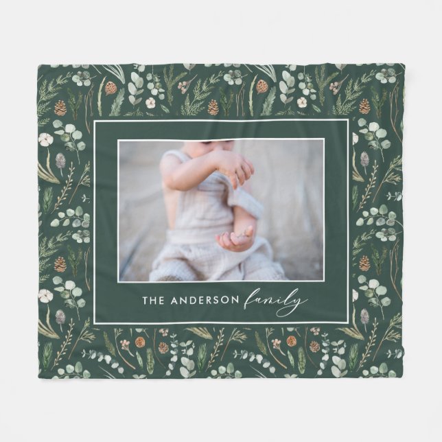 Green botanical elegant modern family photo fleece blanket (Front (Horizontal))
