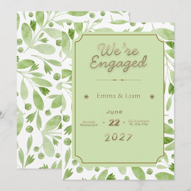 Green Botanical Engagement Invitation – Elegant Na (Front/Back)