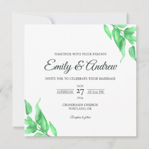 Green Botanical Floral Watercolor Square Wedding Invitation