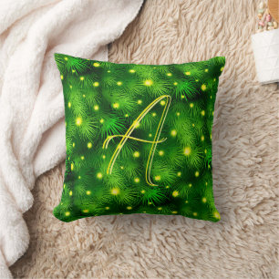 Green Botanical Foliage Christmas Tree Monogram Cushion
