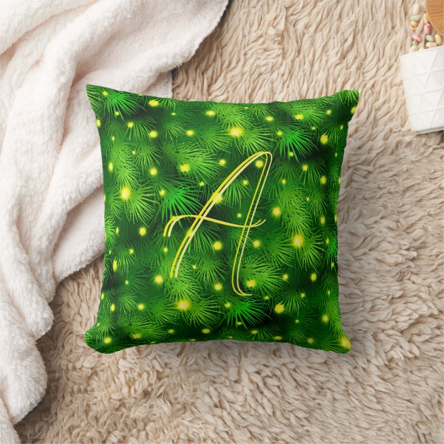 Green Botanical Foliage Christmas Tree Monogram Cushion (Blanket)