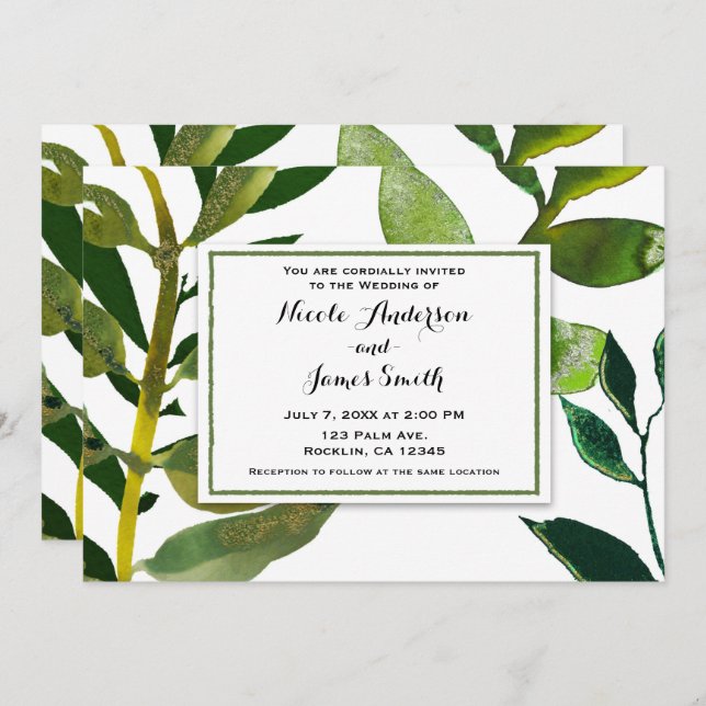 Green Botanical Glam Plant Leaves Elegant Wedding Invitation (Front/Back)
