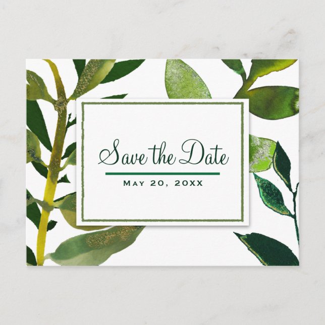 Green Botanical Glam Plant Leaves Save the Date Announcement Postcard (Front)