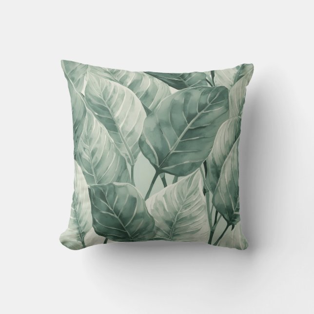 Green Botanical Leaf Pattern Decorative Cushion (Front)